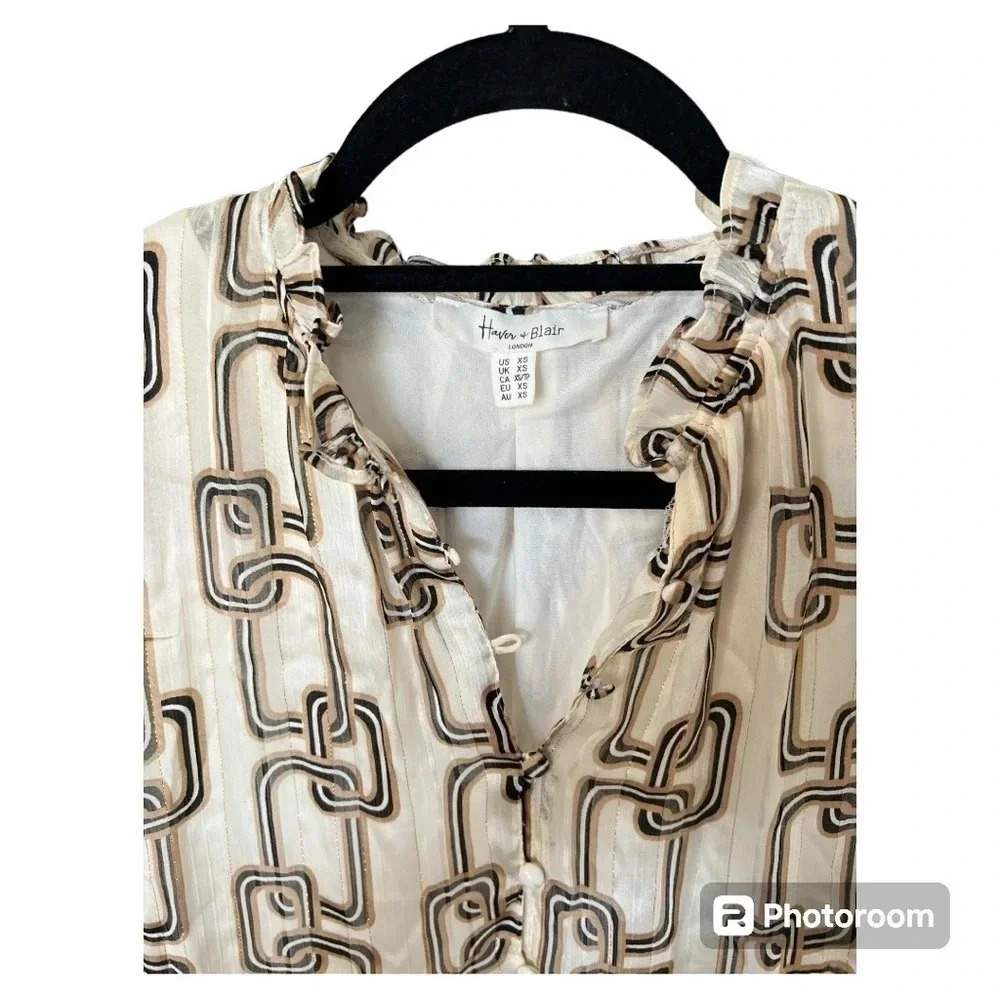 HAVER + BLAIR ivory/beige/black chain blouse size :XS - Picture 4 of 8